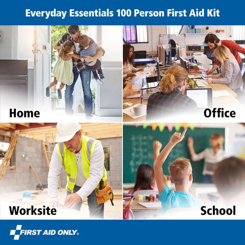 First Aid Only 100-Person First Aid Kit, 335-piece multicolor OSHA compliant; collage of home, office, worksite, school