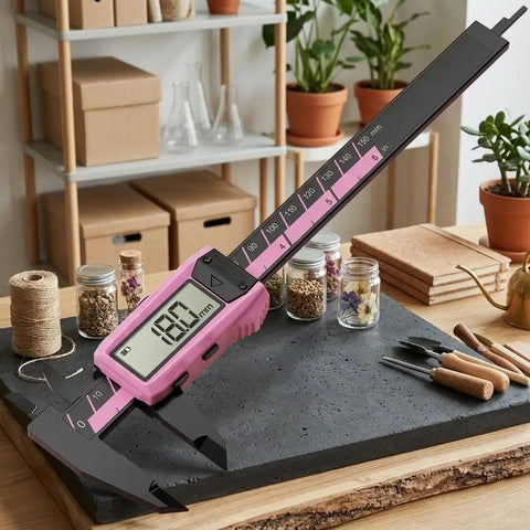 Digital Vernier Caliper 150mm Nylon Body Metric Inch displayed on a countertop measuring 180mm with a pink casing.