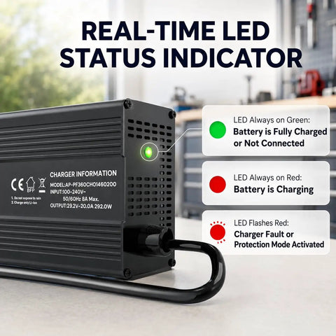 Built Different 24V LiFePO4 Battery Charger 20 Amp Fast Charge with LED status indicators in a workshop setting.