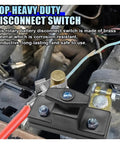 Heavy Duty Battery Disconnect Switch 12V 24V Power Cut Off showing brass material and connections in vehicle engine compartment.