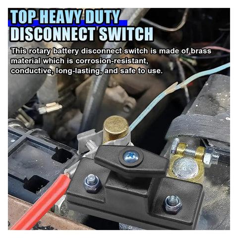 Heavy Duty Battery Disconnect Switch 12V 24V Power Cut Off showing brass material and connections in vehicle engine compartment.