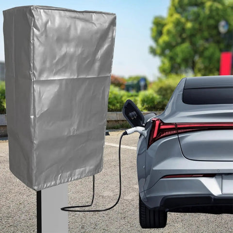 Heavy Duty EV Charger Station Cover Waterproof Rain Dust Proof Protective Enclosure, silver cover over charging pile outdoors.