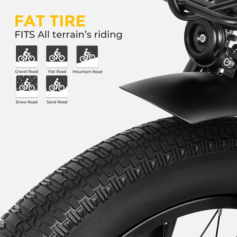 Fat tire detail of Two Seater Adult Electric Trike With 750 Watt Rear Motor and Chunky Fat Tires for effortless street cruising.