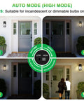 2 Pack Outdoor Wall Lanterns With Motion Sensor And Dusk To Dawn, Matte Black Sconces With Clear Glass shown in day and night modes