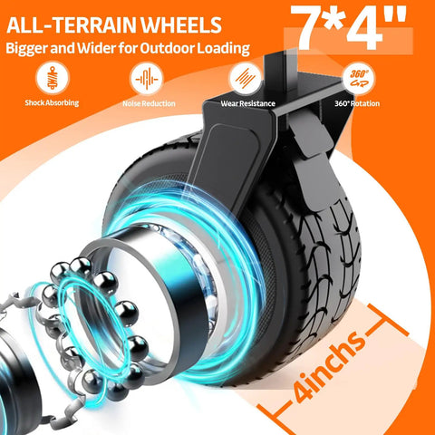 Close-up of all-terrain 7x4 inch wheel design on the Beefy 300L Collapsible Wagon Cart With All Terrain Beach Wheels Foldable Shopping Utility Cart Heavy Duty 480 Lbs Load For Groceries Garden Outdoor Sports And Camping