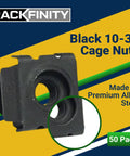 Black 10-32 Slide-In Cage Nuts For Server Rack Hardware And Equipment Mounting With Snug Snap Fit Design Built Tough For A Smooth Install Bulk Pack Of Fifty, showing premium alloy steel construction.