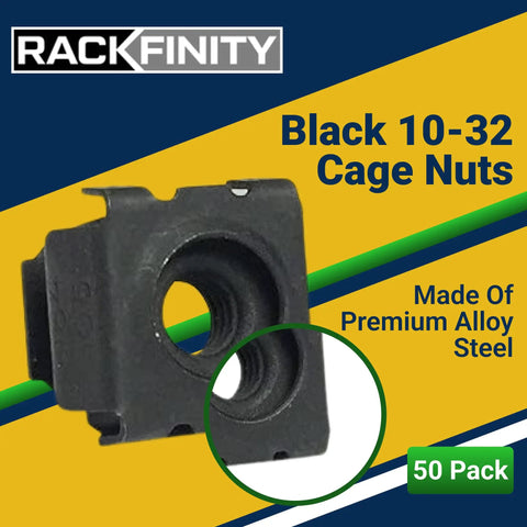 Black 10-32 Slide-In Cage Nuts For Server Rack Hardware And Equipment Mounting With Snug Snap Fit Design Built Tough For A Smooth Install Bulk Pack Of Fifty, showing premium alloy steel construction.