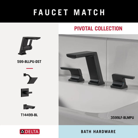 Pivotal Collection matte black bath hardware, showing faucet designs labeled 599-BLLPU-DST and 3599LF-BLMPU.