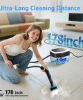 Top Shelf Handheld Steam Cleaner Featuring 3 Adjustable Temp Settings And A Massive 1.8 Liter Tank delivering steam on tile floor.