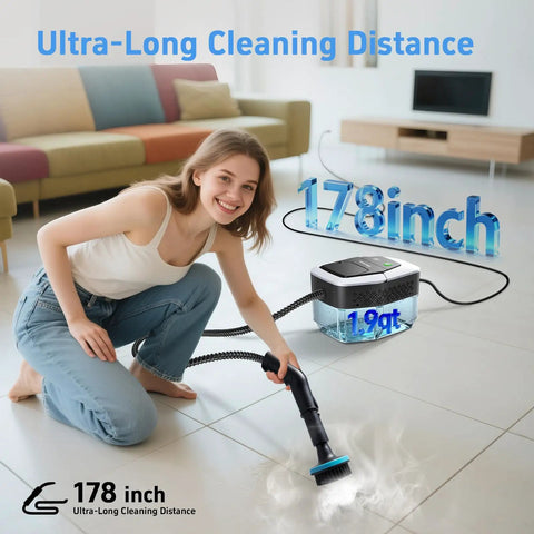 Top Shelf Handheld Steam Cleaner Featuring 3 Adjustable Temp Settings And A Massive 1.8 Liter Tank delivering steam on tile floor.