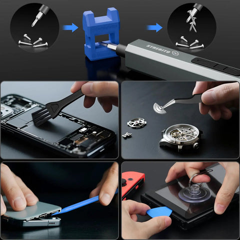 Upgraded Electric Screwdriver Kit With 144 Magnetic Bits in use for tech, electronics, and PC repairs, showcasing various tools.