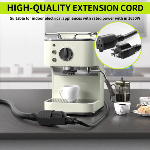 Powerful 10 Foot Indoor Extension Cord 2 Pack 13A 125V 1625W 16 Gauge 3 Conductor Black NEMA 5 15P To 5 15R ETL Listed Cable with coffee maker