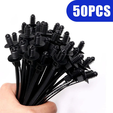 Heavy Kick Butt Christmas Tree Cable Ties Push Mount Auto Zip Ties For Engine Bay Wire Harness Management, 50 count in black.