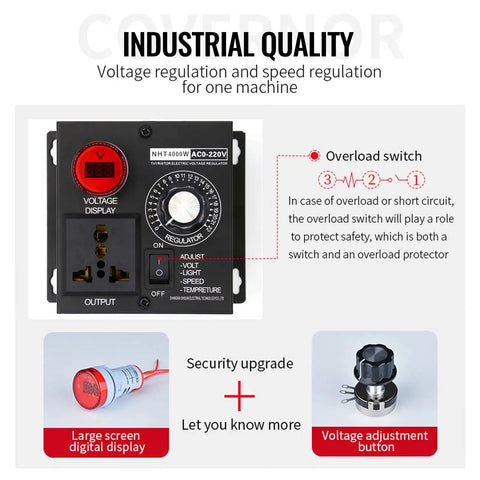 AC Motor Variable Speed Controller with overload switch, digital display, and adjustment button for industrial use, 4000W, 120-220V.