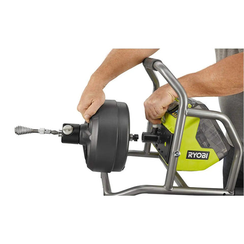 Powerful 18V Cordless Drain Auger Kit With 50 Ft Reel, 2Ah Battery, Charger, pivoting drum in use for plumbing tasks.