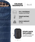 Double Sleeping Bag For Family Camping 20 Degree Warmth With Dual Zippers And Included Compression Sack in blue, fill and size details