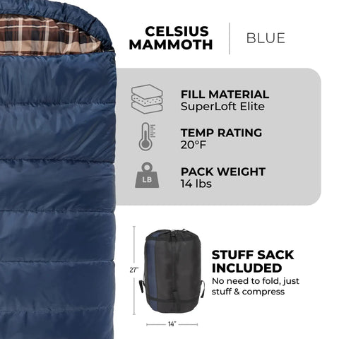 Double Sleeping Bag For Family Camping 20 Degree Warmth With Dual Zippers And Included Compression Sack in blue, fill and size details