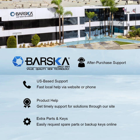 Exterior view of BARSKA corporate building with after-purchase support services, including US-based support and product help.