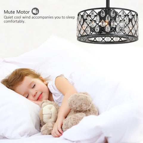 Child sleeping under Bladeless Ceiling Fan With Crystal Cage Lights, Industrial Flush Mount Fandelier for bedroom, quiet motor