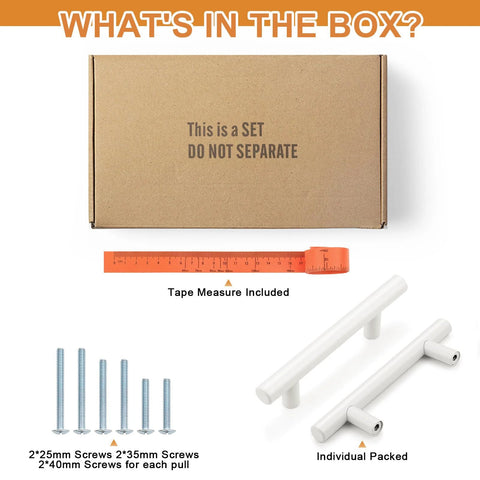 Package contents of 20 Pack White Kitchen Cabinet Pulls 3-3/4 Inch Euro Style T Bar Handles with screws and tape measure