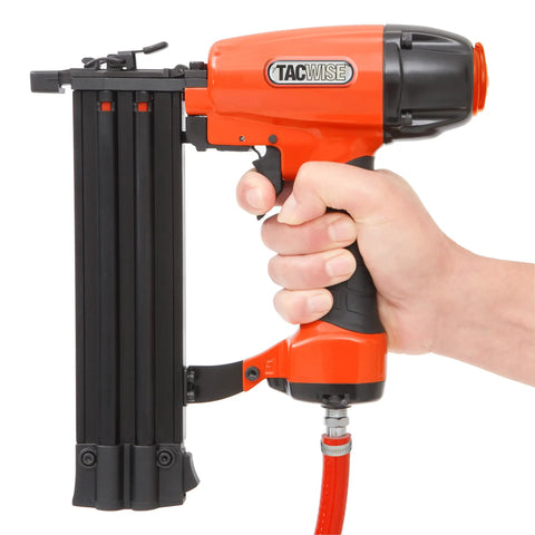 Real Deal Air Brad Nailer With Quick Release Bottom Load Magazine And 1000 18G Type 180 Brads To Knock Out Woodworking Projects In Bold Orange Carry Case handheld view with black and orange design