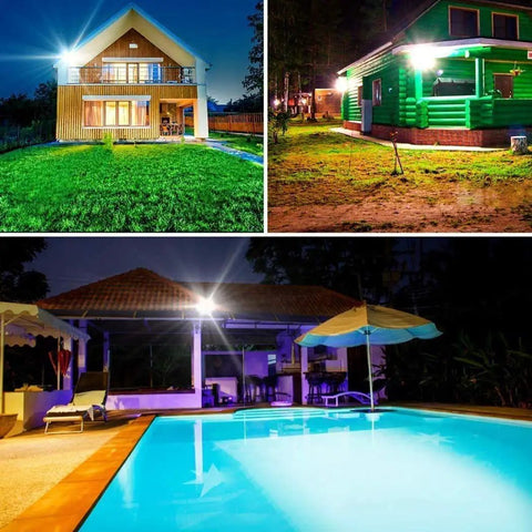 JUDYSSY 100W Led Solar Flood Lights illuminating outdoor spaces around a house, green cabin, and pool area at night.