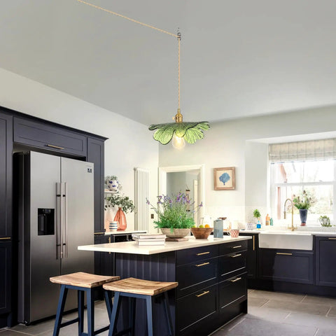 Eemmwet Green Plug in Pendant Light Handmade Glass Hanging Light for Kitchen Island Bedroom Dining Room Living Room in modern kitchen setting.