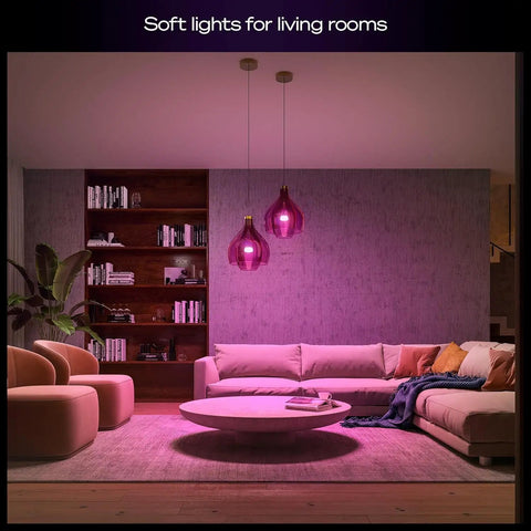 Smart Home Starter Kit With Bridge Pro And Four A19 And E26 Smart Bulbs illuminating a cozy living room with purple ambiance lighting.