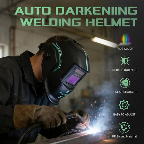 Welder using Auto Darkening Welding Helmet With Pro Grade True Color View Solar Powered Large Viewing Screen Shade Four To Thirteen For TIG MIG Arc Welding High Clarity Weld Hood For Pros And Weekend Warriors