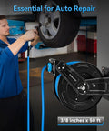 Retractable Air Hose Reel With Fifty Feet Of Three Eighths Inch Hybrid Hose Auto Rewind Heavy Duty Steel Construction 300 PSI Max Ceiling Or Wall Mount Garage Ready For Quick Hookups In Garage Workshop And Home Studio mounted on wall with mechanic using hose