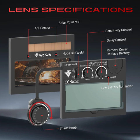 Auto Darkening Welding Helmet lens specifications with solar power, arc sensor, and control knobs visible