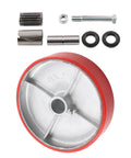 Badass Heavy Duty 8 Inch Industrial Caster Wheel with red polyurethane tread and steel hub, includes mounting hardware.