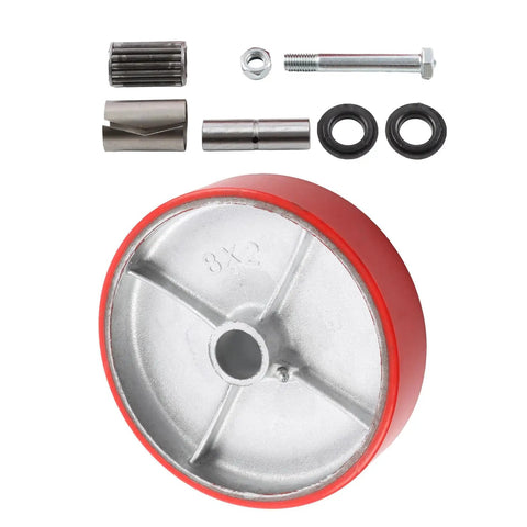 Badass Heavy Duty 8 Inch Industrial Caster Wheel with red polyurethane tread and steel hub, includes mounting hardware.
