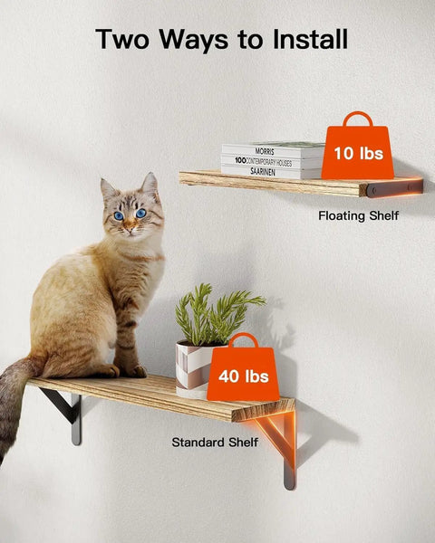 Two designs of Solid Natural Paulownia Wood Floating Shelves Set Of Six, one holding books, the other plant, weight limits shown.