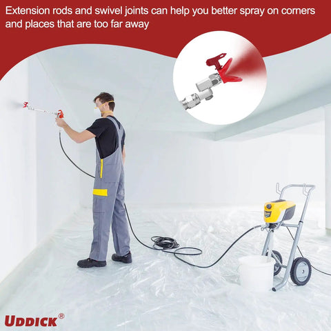 Nifty 16 Piece Airless Paint Sprayer Gun Kit With 3600 Psi Pressure in use for smooth wall painting with extension rod.