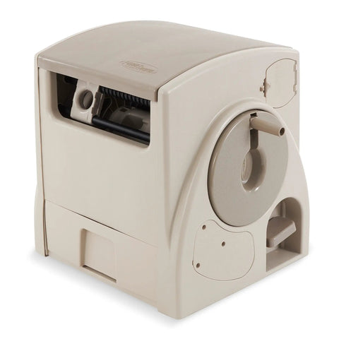 Automatic Rewind Garden Hose Reel With 100 Feet Five Eighths Inch Vinyl Hose in taupe finish showing Smart Trak guide.
