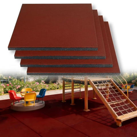 4 Pack 20x20 Inch Interlocking Rubber Floor Tiles 1 Inch Thick Non Slip Heavy Duty Mats in red at a playground area