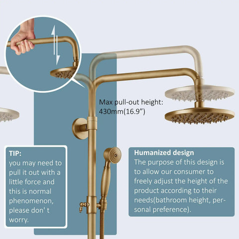 Adjustable Antique Brass Tub Shower Faucet Set With 8 Inch Shower Head Handheld Spray And Diverter Triple Function Mixer