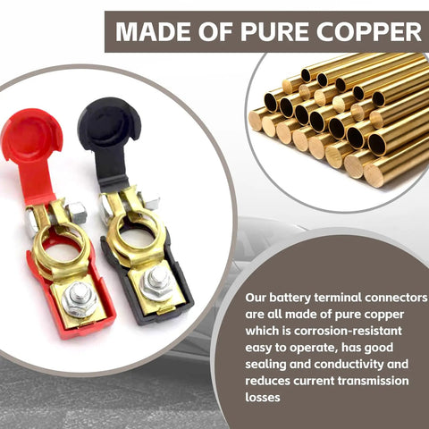 Universal Car Battery Terminal Connector Kit With Pure Copper Terminals And Plastic Covers shown with red and black adapters.