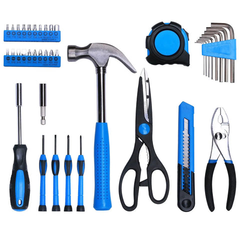 40 Piece All Purpose Tool Kit For Home Garage Office And Dorm Use Durable DIY Ready Handyman Set with hammer, pliers, and bits
