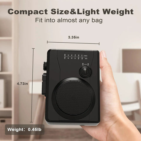 Hand holding Portable Cassette Player And Tape Recorder With Cassette To MP3 Converter, AM FM Radio, black, 3.35x4.73 inches