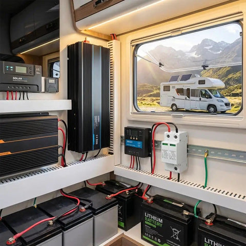 Interior RV setup with Two Pack 1000V 40KA DC Surge Protector With Lightning Shield And Modular Design Photovoltaic Arrester installed