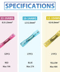 Heat shrink butt connectors set, pink 22-16 AWG (32pcs), blue 16-14 AWG (27pcs), yellow 12-10 AWG (21pcs).