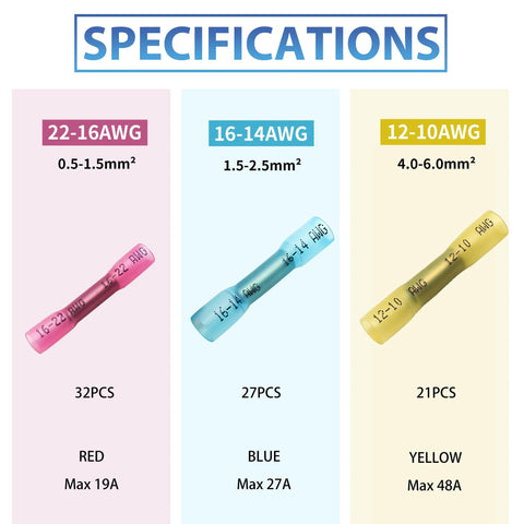 Heat shrink butt connectors set, pink 22-16 AWG (32pcs), blue 16-14 AWG (27pcs), yellow 12-10 AWG (21pcs).
