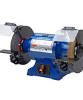 Eight Inch Heavy Duty Bench Grinder Workhorse Gutsy One Horsepower Motor Spinning At Three Thousand Four Hundred Fifty Rpm with grinding wheel.
