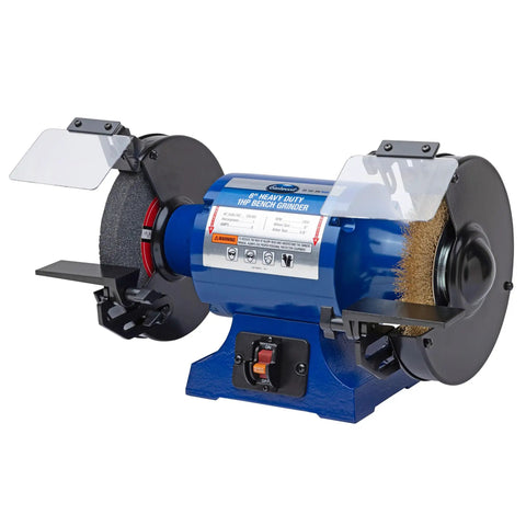 Eight Inch Heavy Duty Bench Grinder Workhorse Gutsy One Horsepower Motor Spinning At Three Thousand Four Hundred Fifty Rpm with grinding wheel.
