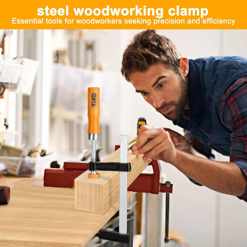 Four Pack 6-Inch Bar Clamps For Woodworking Heavy-Duty Steel F-Clamps With 300 Lb Load And Ergonomic Handles Ideal For Glue-Ups DIY Projects Home Renovations Garage Or Workshop Woodworking clamp holding wood piece