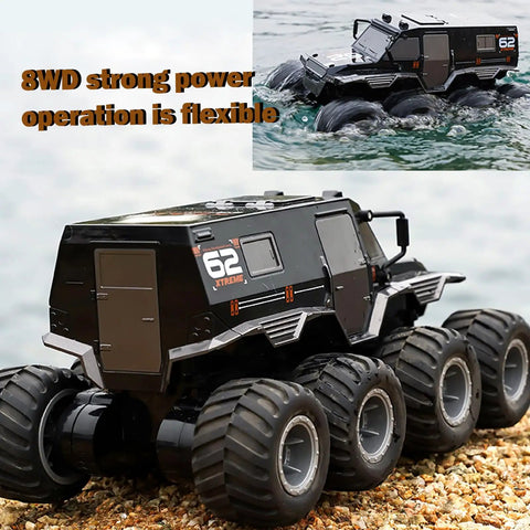 Amphibious Remote Control Car With Waterproof Design 8WD Monster Truck shown on rocky terrain and moving in water.