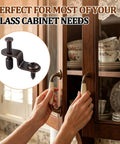 Top Shelf Adjustable Glass Retainer Clips For Cabinet Doors Bronze 30 Pack Value Bundle showing installation on glass cabinet.