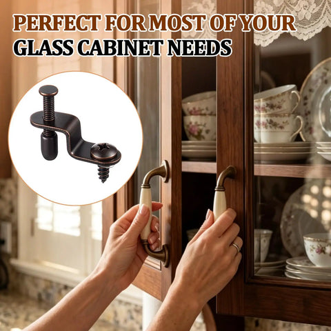 Top Shelf Adjustable Glass Retainer Clips For Cabinet Doors Bronze 30 Pack Value Bundle showing installation on glass cabinet.